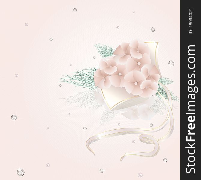 Background with bouquet of pink flowers and pearl drops