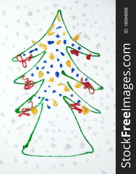 Christmas tree kids draw from glue colure