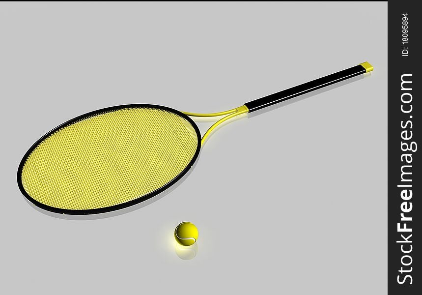 Racquet and ball on the reflecting surface. Racquet and ball on the reflecting surface