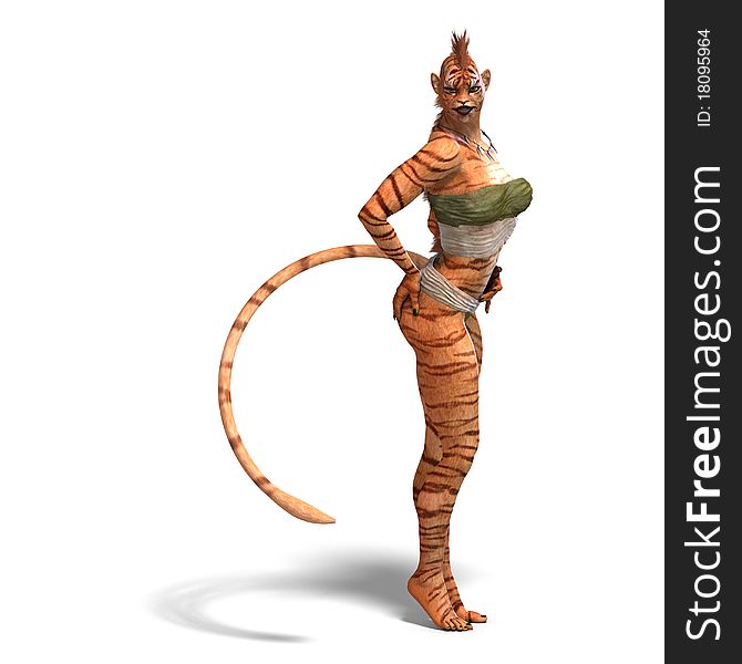 Female Fantasy Figure Tiger. 3D rendering with clipping path and shadow over white