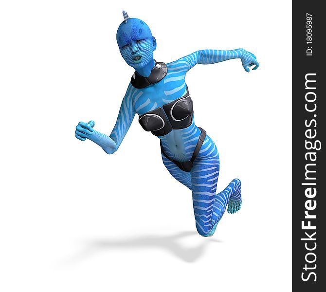 Blue female alien running. 3D rendering with clipping path and shadow over white