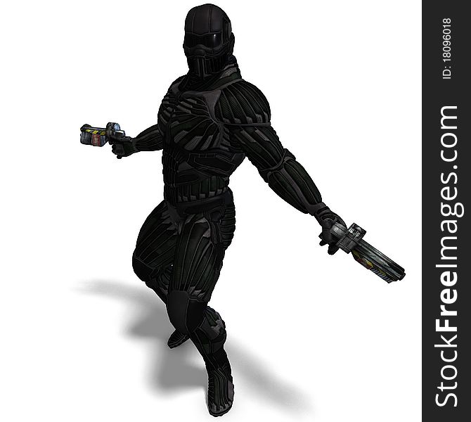 Science fiction male character in futuristic suit. 3D rendering with clipping path and shadow over white