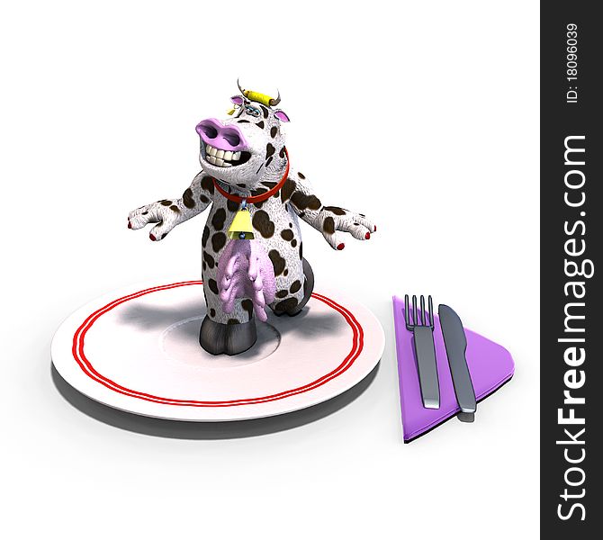 Cute And Funny Toon Cow Served On A Dish As A