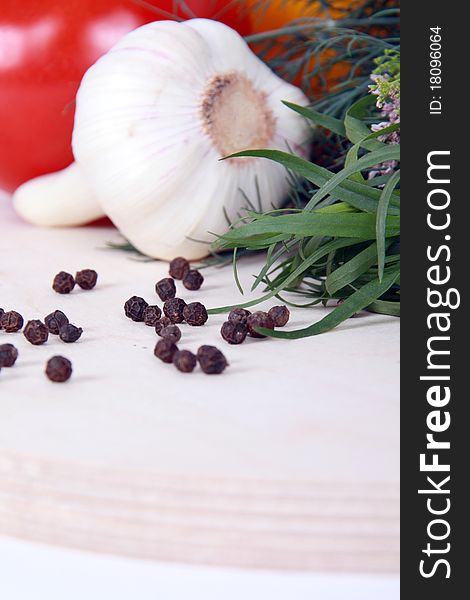 Fresh vegetables and Peppercorn on wooden surface. Fresh vegetables and Peppercorn on wooden surface