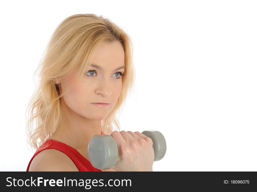 Portrait of fitness woman working out with free weights. isolated on white background