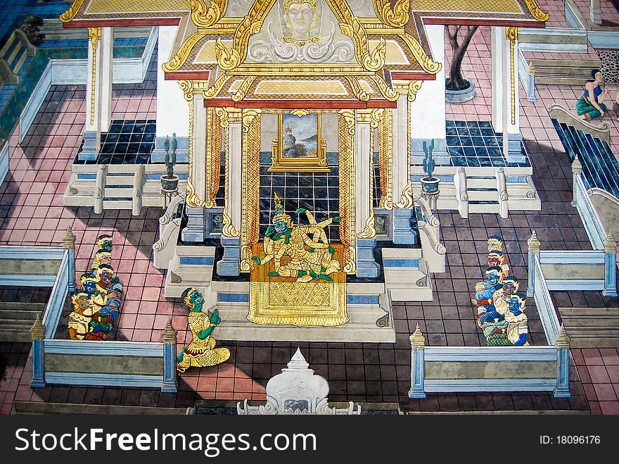 Beautiful Scene Painted on a Temple Wall at Grand Palace, Bangkok, Thailand. , also know as Thai Ancient Art.