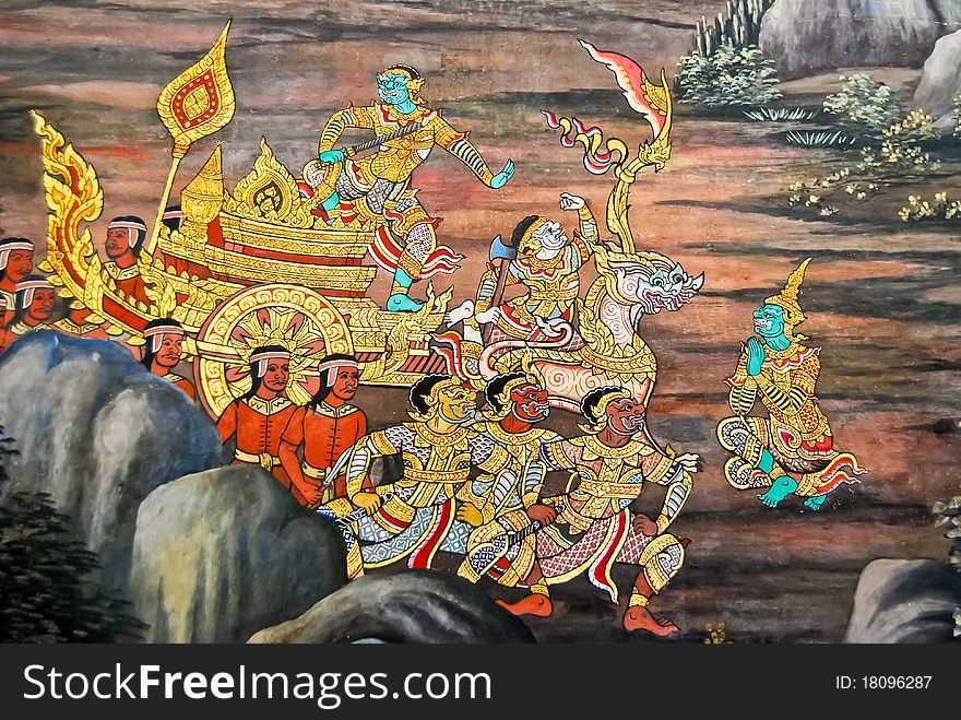 Beautiful Scene Painted on a Temple Wall at Grand Palace, Bangkok, Thailand. , also know as Thai Ancient Art. This image is about the demon war.