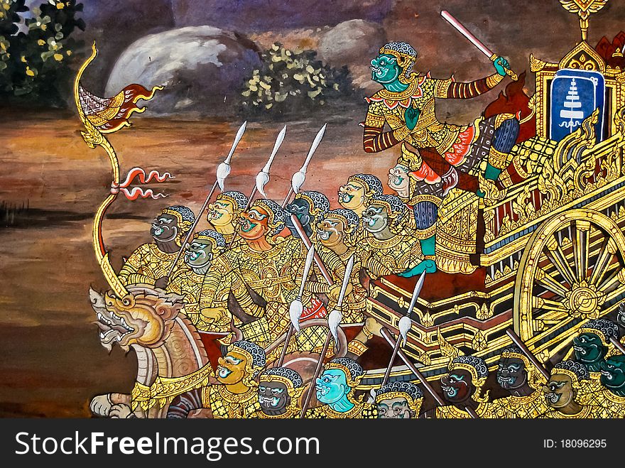 Beautiful Scene Painted on a Temple Wall at Grand Palace, Bangkok, Thailand. , also know as Thai Ancient Art. This image is about the demon war.