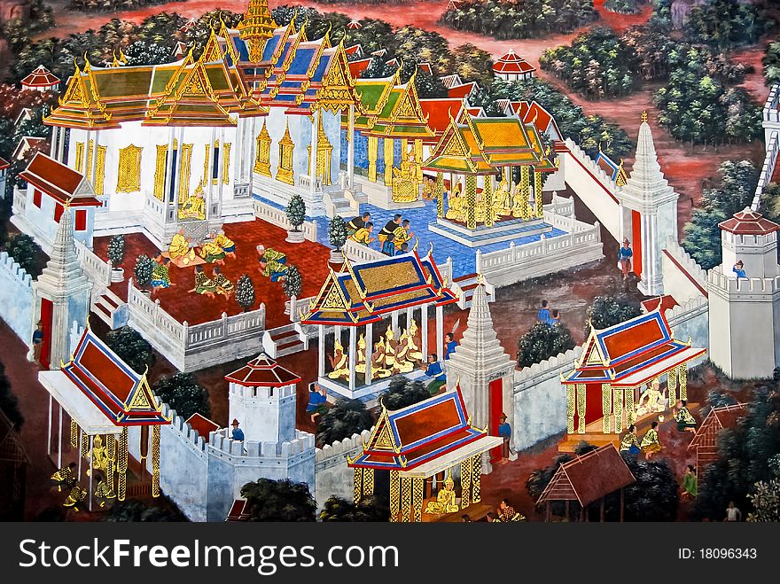 Beautiful Scene Painted on a Temple Wall at Grand Palace, Bangkok, Thailand. , also know as Thai Ancient Art.