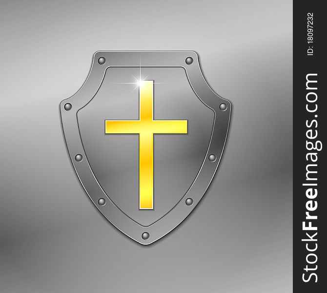 Metallic shield with a cross.