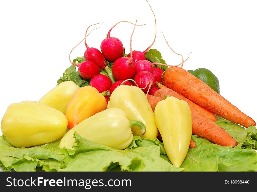 Vegetables on a white background. Salad, carrot, radish, pepper