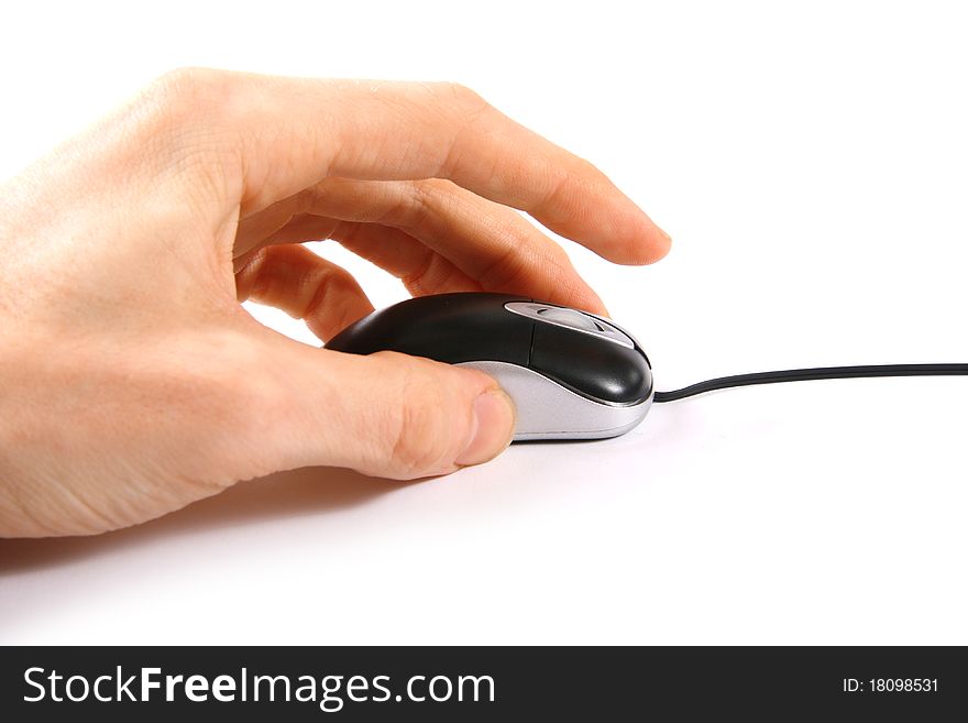 Hand clicking computer mouse isolated on white background