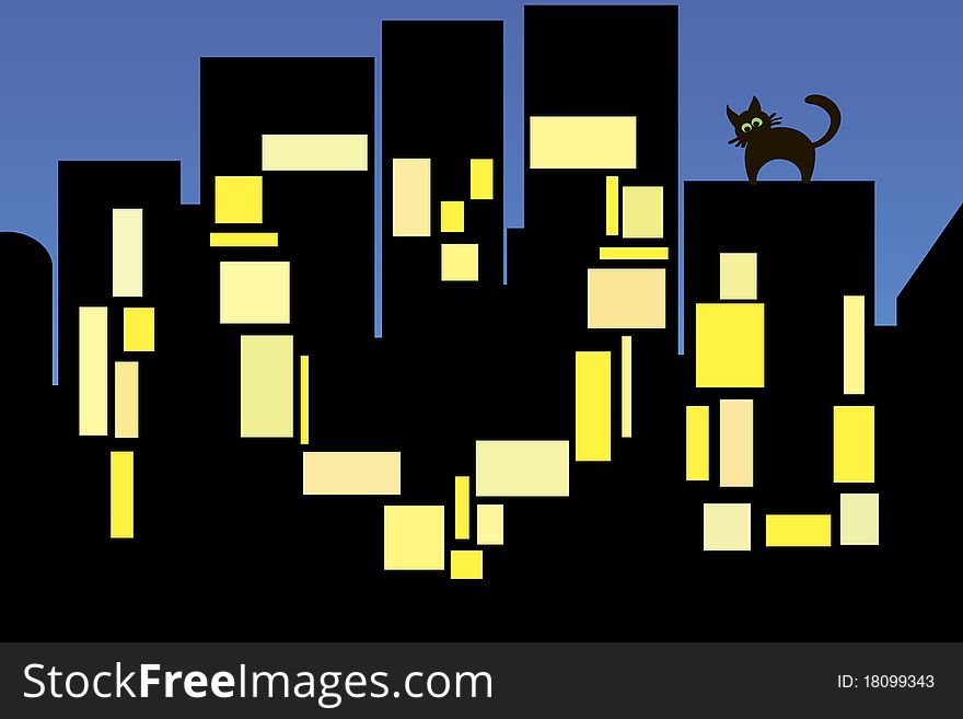 An illustration of a night city lights turned on in the shape of a love declaration. An illustration of a night city lights turned on in the shape of a love declaration