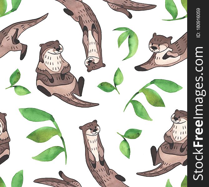 Otter watercolor pattern. Seamless pattern of cute hand drawn animal with green plants on white background