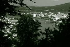 View From A Hill Through Trees On Linz B/W Stock Photo View From A Hill Through Trees On Linz B/W Stock Photo