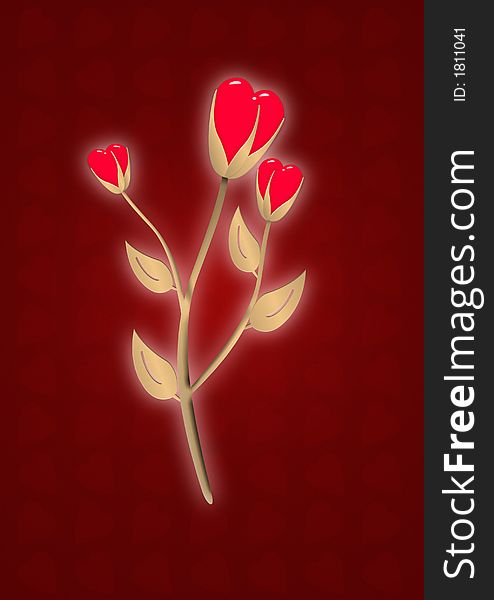 Gold abstract flower with hearts on a red stylish heart background - With buds in the form of hearts. Gold abstract flower with hearts on a red stylish heart background - With buds in the form of hearts