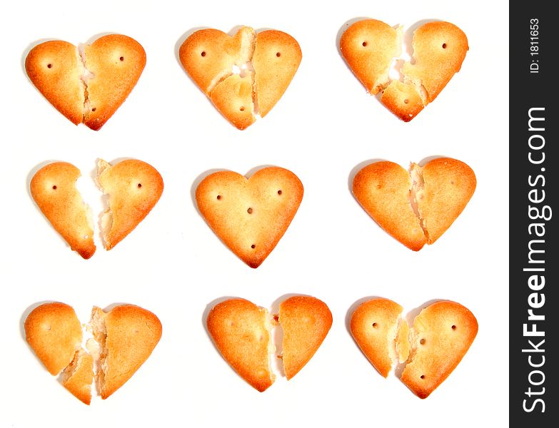 Salty cookies in the form of the broken hearts 3, isolated on white, (look similar images in my portfolio)