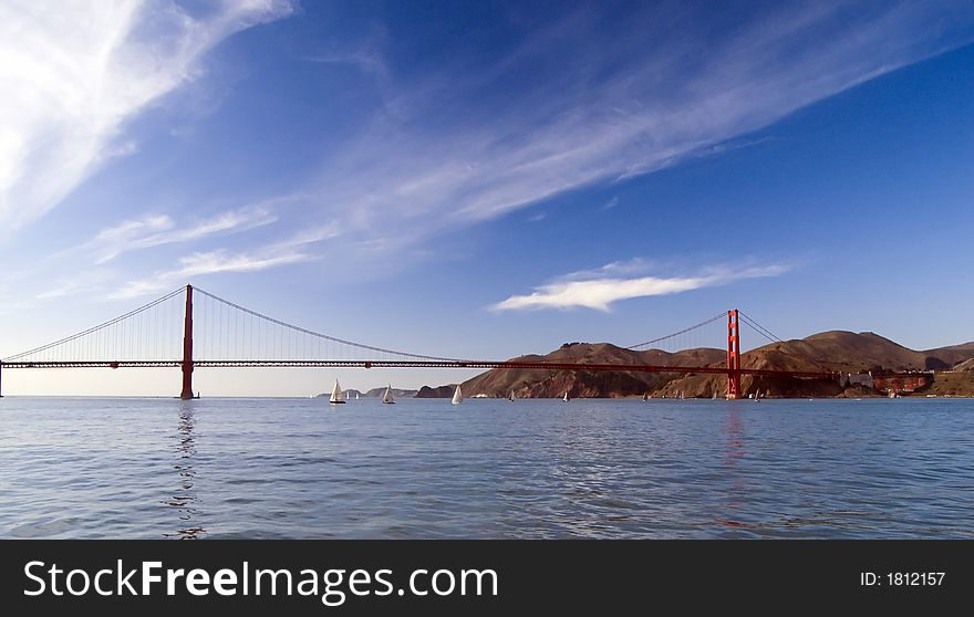 Photo of the golden gate bridge taken from a boat in the bay