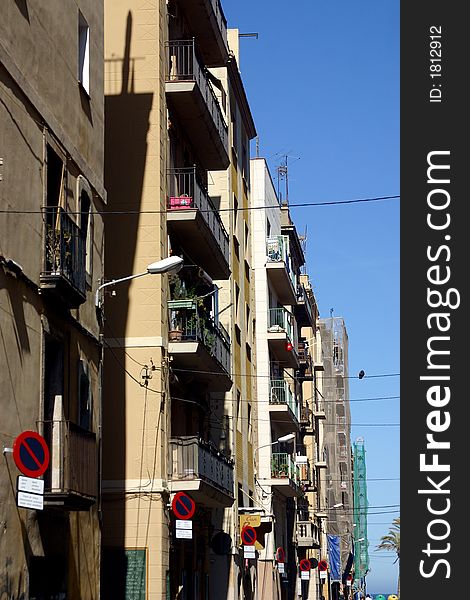 Typical buildings of La Barceloneta in the city of Barcelona, Catalunya, Spain, Europe