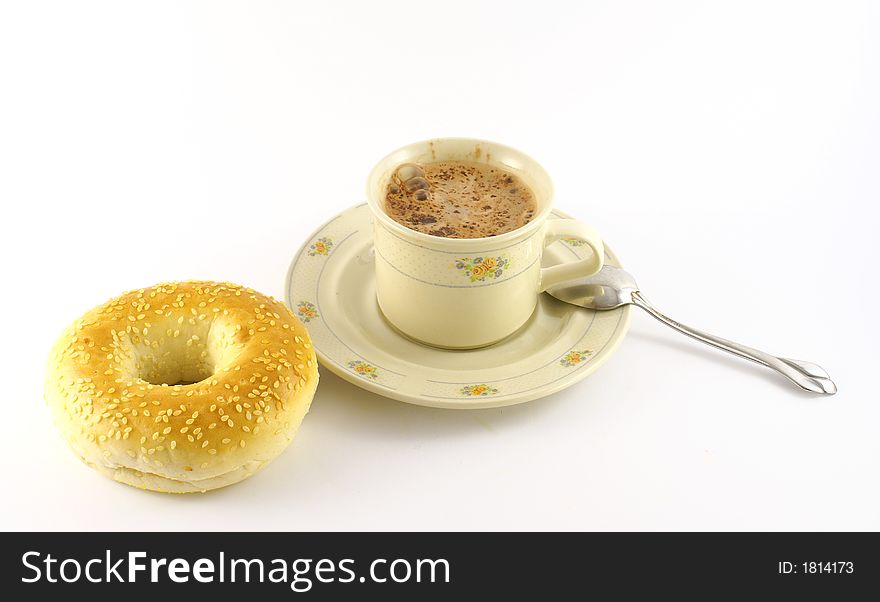 Photo of bagel and hot chocolate in the morning meal. Photo of bagel and hot chocolate in the morning meal