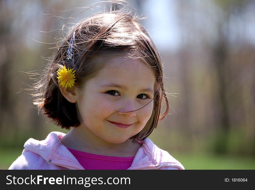 Four year old girl at the park with a dandelion tucked in her hair. Four year old girl at the park with a dandelion tucked in her hair.