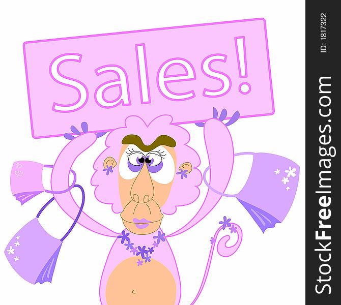 A funny baboon lady with a big sign: SALES! Vectorial image. A funny baboon lady with a big sign: SALES! Vectorial image