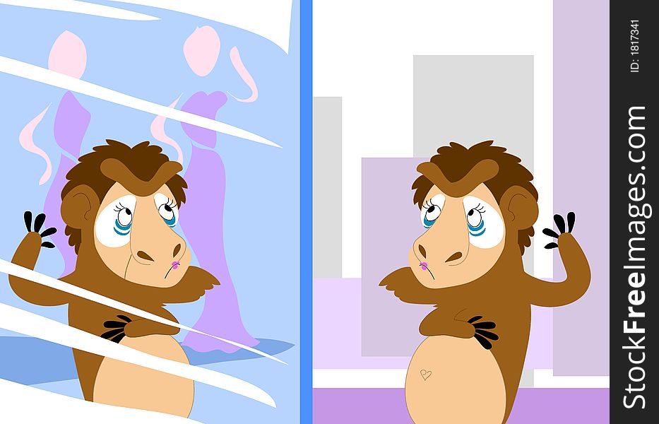 A funny baboon lady is looking for a beautiful robe in a shop-window. Vectorial image. A funny baboon lady is looking for a beautiful robe in a shop-window. Vectorial image