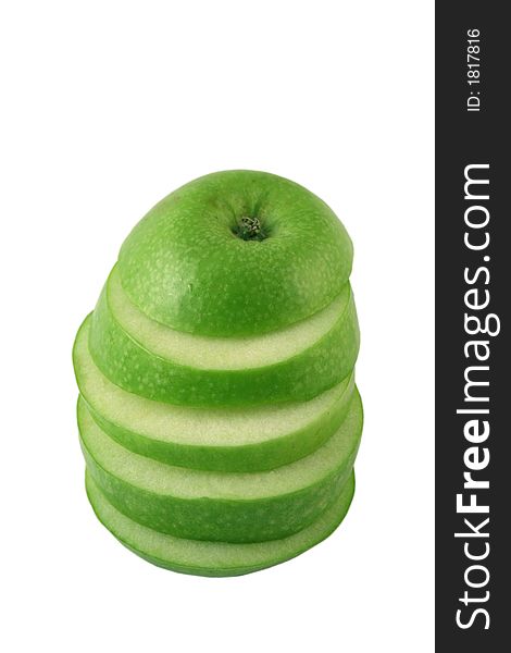 Green apple slices on a white background