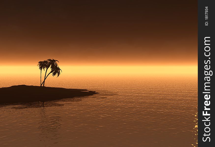 Coconut palm trees  on a sunset beach - 3d illustration. Coconut palm trees  on a sunset beach - 3d illustration.