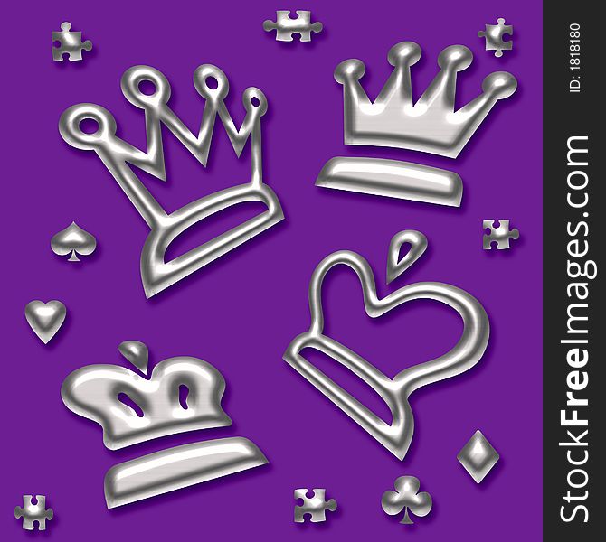 Silver game pieces assortment on purple background. Silver game pieces assortment on purple background