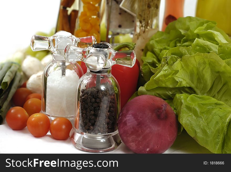 Healthy food for luch or dinner, red pepper and red onion, salt and pepper. Healthy food for luch or dinner, red pepper and red onion, salt and pepper