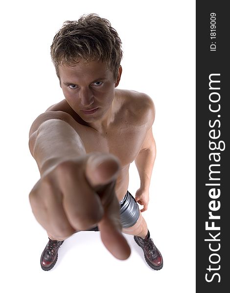 Headshot of undressed muscular man. Isolated on white in studio. Headshot of undressed muscular man. Isolated on white in studio.