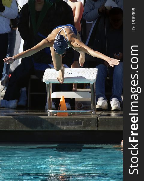 Young woman diving off the block. Young woman diving off the block.