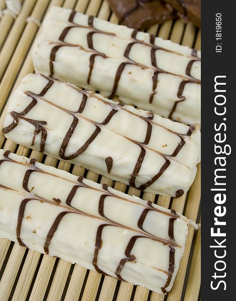 White chocolate cookies on bamboo sheet. White chocolate cookies on bamboo sheet.