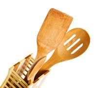 Set Of Kitchen Utensils Made Of Bamboo, Isolated Royalty Free Stock Image