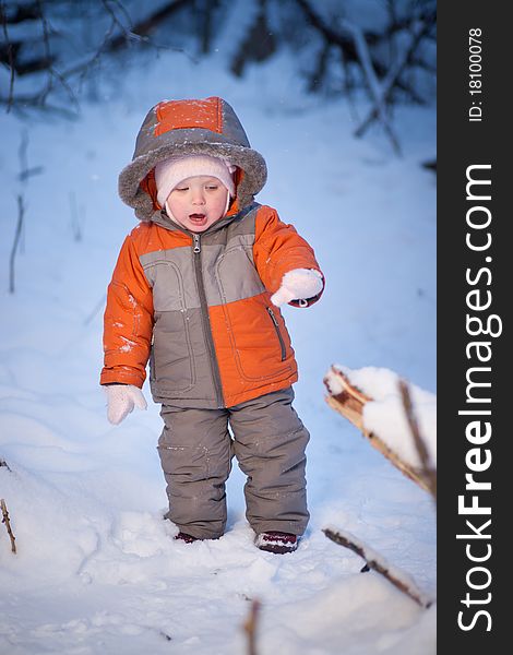 Adorable baby walking in evening park. Wondering when found broken tree