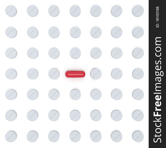 Tablets and red pill on the white background. Tablets and red pill on the white background