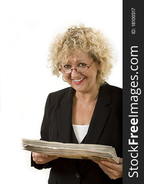 Isolated portrait of business lady in front of white with paper in hands. Isolated portrait of business lady in front of white with paper in hands