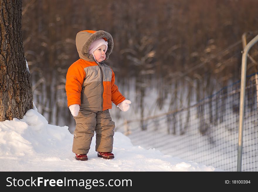 Cute adorable baby stay near ski protection fence with forest on background and look to skiers on mountain track