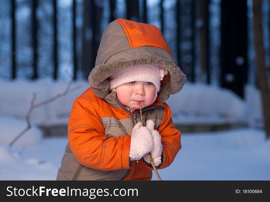 Adorable baby stay near branch try to bit it