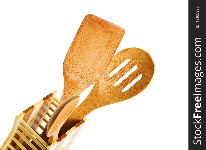 Set of kitchen utensils made of bamboo, isolated