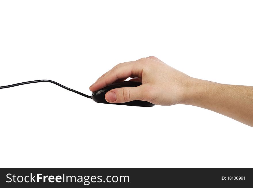 Black mouse and hand isolated on white background