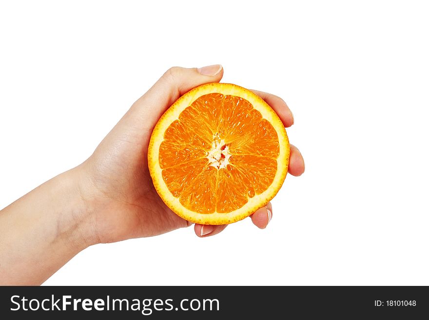 Hand with orange isolated on white background