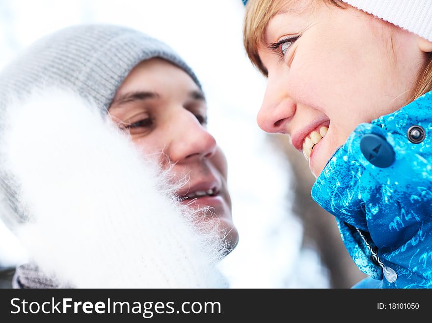 Young Playful Couple Has A Fun. Winter