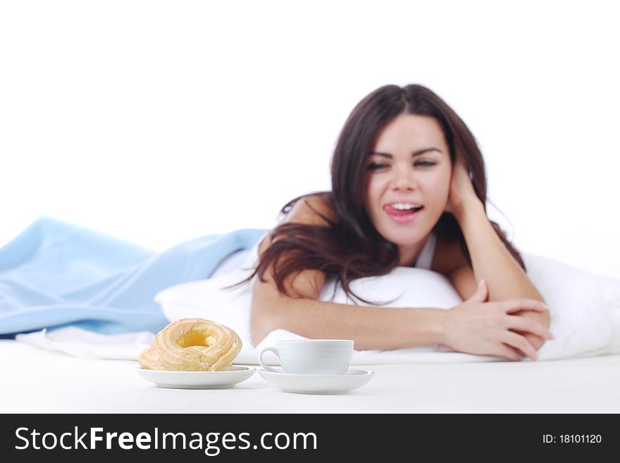 Woman wake and see morning coffee