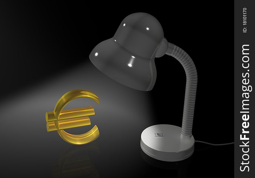 Lamp illuminate the gold Euro symbol on black background