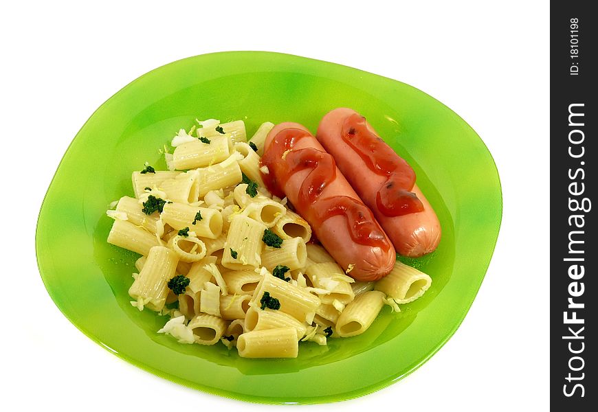 Delicious Sausage With Pasta Isolated On White