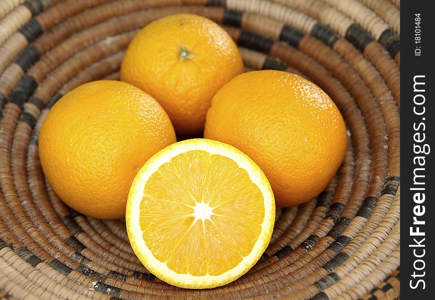 Four oranges in a basket