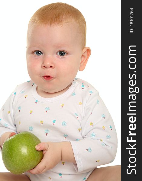 Beautiful Baby With A Green Apple.