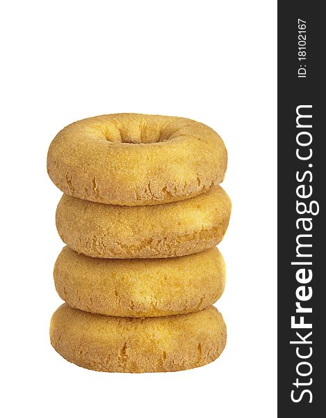 Tower of donuts on white background.